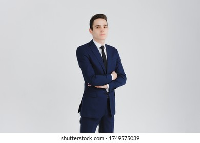 Man Business Suit Handsome Portrait Openly Friendly Greeting Candidate Example Vacancy  Student Lawyer Banker Law Gray Background  Studio