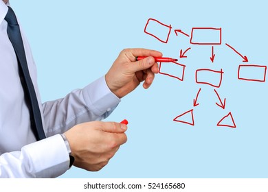 man in a business suit makes a block diagram on a blackboard - Shutterstock ID 524165680