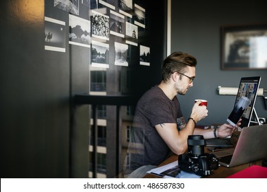 Man Busy Photographer Editing Home Office Concept