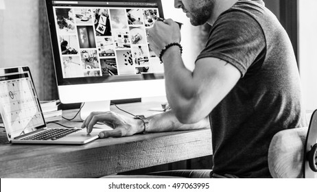 Man Busy Photographer Editing Home Office Concept