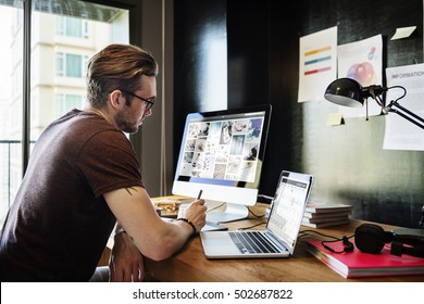 Man Busy Photographer Editing Home Office Concept