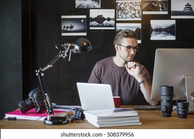 Man Busy Photographer Editing Home Office Concept