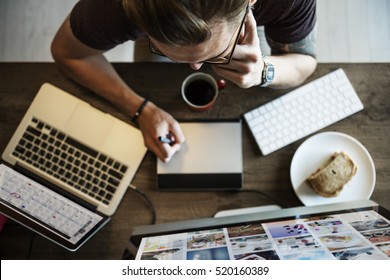 Man Busy Photographer Editing Home Office Concept