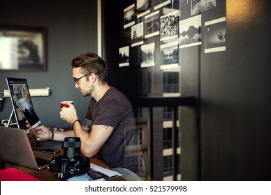 Man Busy Photographer Editing Home Office 