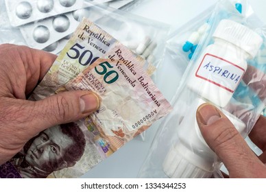 Man Buying Basic Medication In Venezuela, Shady Deal Of Medicines In Full Crisis Of Latin American Country, Conceptual Image