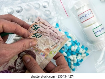 Man Buying Basic Medication In Venezuela, Shady Deal Of Medicines In Full Crisis Of Latin American Country, Conceptual Image