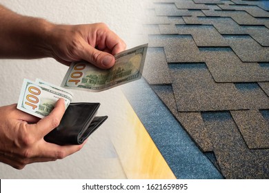 A Man Buys Tiles. Human Will Give Money To A Roofer. Concept - Roofer Installation Business. A Man Pays For The Roofing Company. Sale Of Flexible Tiles. Concept - A Man Is Paying In A Hardware Store