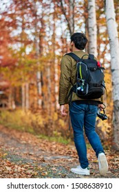 A man with camera & camera bag is walking into natural walk way surounded by autumn color quaking tree. Concept of explore the nature - Shutterstock ID 1508638910