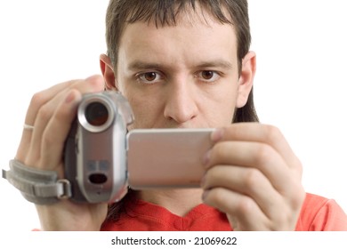 Man with camera on white