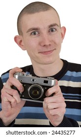 Man with camera on a white background