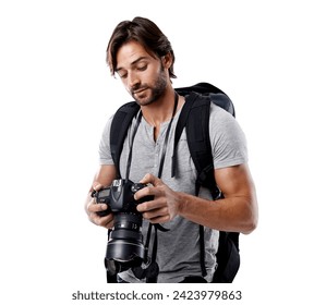 Man, camera and photography with technology in studio, press or media on white background. Photographer, photo journalist check work and creativity with paparazzi, equipment and backpack in studio