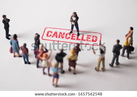 Man with cancelled stamp in front of angry mob. Person is the latest victim of toxic cancel culture. Guy is bullied or excluded by friends, family, social media followers. Angry, offensive dude.