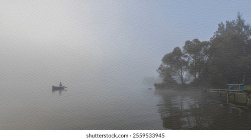 Man is in a canoe on a lake. The sky is overcast and the water is calm. Collage, watercolor paper and photography.   - Powered by Shutterstock