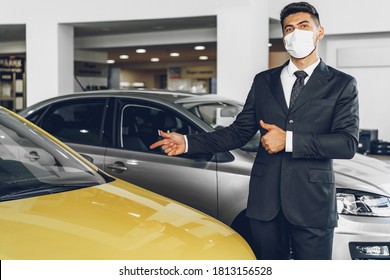 Man Car Dealer Wearing Protective Medical Mask On His Working Place