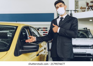 Man Car Dealer Wearing Protective Medical Mask On His Working Place