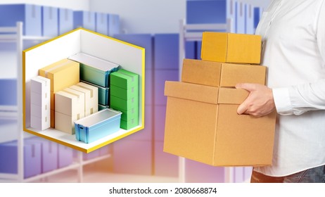 man carries things to warehouse. Warehouse cell for personal storage. Boxes in human hands. Square storage room next to it. Container rental in storage company. Warehouse for safekeeping. - Shutterstock ID 2080668874