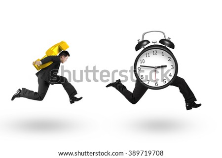 Man carrying dollar sign and running after alarm clock of running legs, isolated on white background.