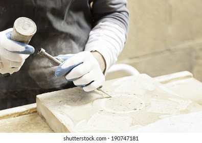 Man Carving Stone Detail Of A Traditional Craftsman Working Stone Worker, Crafts