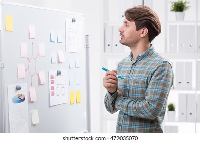 Man in casual clothes looking at whiteboard with stickers. Concept of developing company's strategy to make it successful on market