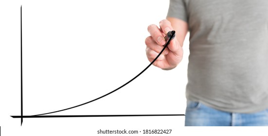 Man In Casual Clothing Drawing Exponential Curve, Business Success Concept