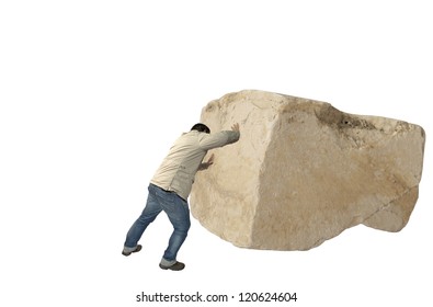 Man Casual Dress Pushing A Big Rock