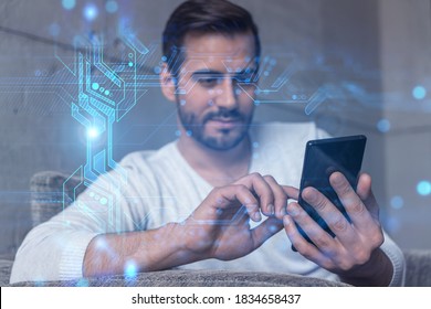 A Man In Casual Wears, Using Smart Phone. Double Exposure. Tech Theme Hologram.