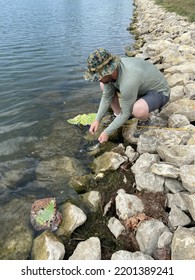 Man Catching Small Fish On Fishing Pole