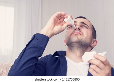 Man Caught Cold, Sniffing Nasal Spray, Medication For Blocked Nose, Portrait, Closeup