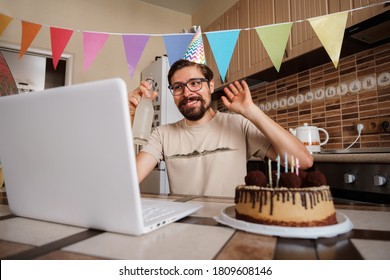 Man Celebrating Birthday Online In Quarantine Time. Video Conference Party Online Meeting With Friends And Family. Birthday Party In Facetime Call. Long Distance Celebration.