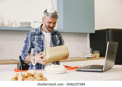 Man Is Celebrating His Birthday With Someone On The Skype Throught The Laptop