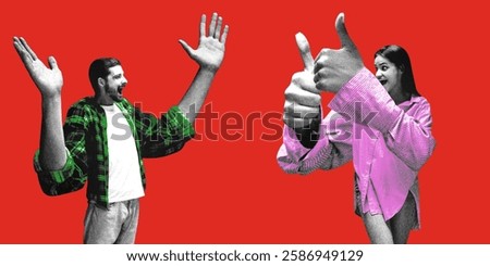Man celebrating with raised hands while woman gives thumbs up, both expressing enthusiasm and mutual excitement against red background. Concept of communication, emotions. Photocopy effect