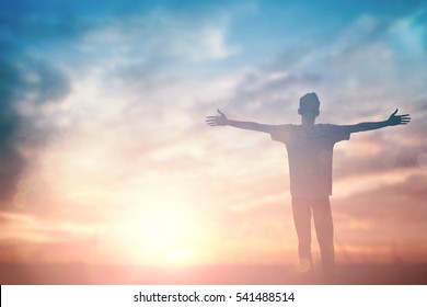 Man Celebrating Worship God In Summer Morning. Christian Thought Positive Over Sunset Inspire Praise For Peace Cross Concept For Freedom Financial, Vision And Mission, Self Motivation, Hope Life Love