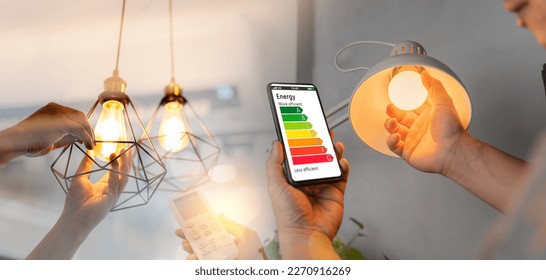 Man change a new electric bulb, open air conditioning 26 degrees make a home more energy efficient. Home appliance energy efficient. Household equipment and energy class chart. Power saving concept. - Powered by Shutterstock