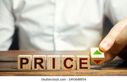 A man changes the position of a block with symbols of growth and decline near the word Price. Price regulator, supply-demand balance, market laws. Economics and free commerce. Planned Economy. - Shutterstock ID 1493648954