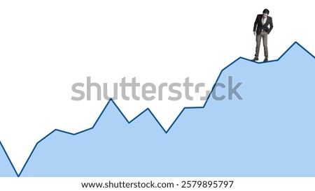 Man, chart and graph flow in studio, stock market broker and financial growth on white background. Business, current economy trend and journey with ecommerce, mockup space and interest rate on money