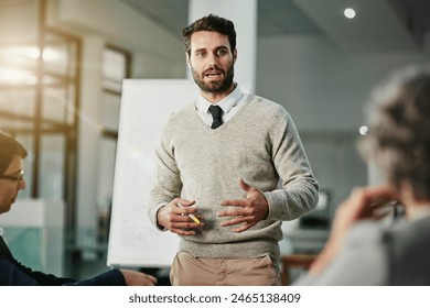 Man, chart and mentor in meeting for strategy, brainstorming and talking in office presentation. Male person, planning and leader teaching in workshop, speaking and support in staff training for kpi - Powered by Shutterstock