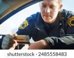 Man, check and traffic officer with license for checkpoint, security and crime investigation or fine. Police, window and driver registration for car accident, dui or road safety with counterfeit card