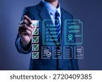 Man checking checkboxes, business performance checklist concept, survey, ticking checklist, filling out online forms, document management system, DMS, performance appraisal