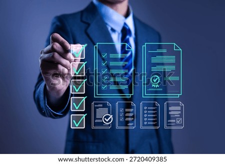 Man checking checkboxes, business performance checklist concept, survey, ticking checklist, filling out online forms, document management system, DMS, performance appraisal