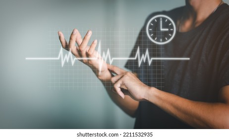 Man Checking His Pulse Being Touched To His Wrist, Touch Wrist Check Pulse Counts Heart Rate Close Up View, Healthcare, Medicine And Treatment, Heart Attack.
