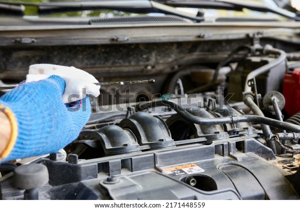 A man checks the oil level in the car\'s\
engine. Car care and\
maintenance.