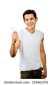 A Man With A Cheerful Smile Holding A Debit Card Isolated On White