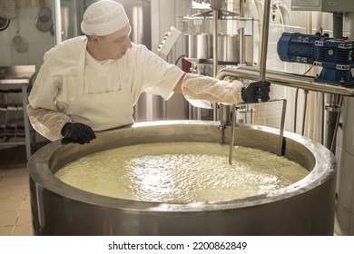 A man is a cheese maker in the process of producing different varieties of cheese in the industry. Concept of natural milk cheese making as a business - Powered by Shutterstock