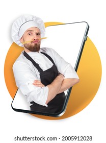 Man Chef Crossed His Arms. Cook With Noodle Mustache. Chef Search App. App For Finding Job As Cook. Cooking Career. Portrait Of Pastry Chef On Phone. Restaurant Employee Recruitment App Concept