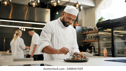 Man, chef and happy with food in kitchen at restaurant for fine dining, meal and creativity. Male employee, professional and cooker with smile for culinarily, hospitality and catering service - Powered by Shutterstock