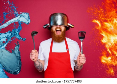 Man Chef Is Ready To Fight In The Kitchen. Burgundies Background