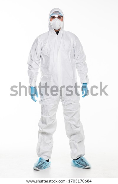 Man in chemical protective suit making\
stop gesture on white background.\
Virus.