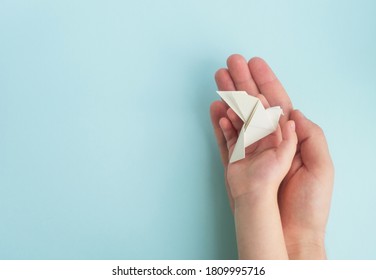 Man and child hands holding white dove bird on light blue background. International day of peace, hope and freedom concept. Top view, copy space