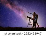 Man and child looking at stars through telescope. Family camping and hiking fun. Outdoor astronomy hobby. Parent and kid watch night sky with milky way. Boy observing planets and moon. 