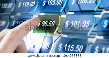 Man choosing the best deal on a price comparison website. Composite image between a hand photography and a 3D background.